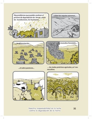 Hay problemas que pueden acelerar el              o bien las sequías extremas...
proceso de degradación de tierras, como
las inundaciones, los huracanes...




 ... la deforestación...                              ...los incendios forestales....




      ...el sobre pastoreo...             ... las malas prácticas agrícolas y el mo-
                                          nocultivo.




                     Nuestra responsabilidad en la lucha                      31
                     contra la degradación de la tierra
 