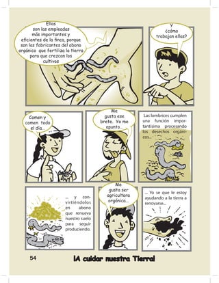 Ellas                                                 Y
       son las empleadas                                          ¿cómo
       más importantes y                                      trabajan ellas?
 eﬁcientes de la ﬁnca, porque
 son las fabricantes del abono
orgánico que fertiliza la tierra
      para que crezcan los
            cultivos




                                            Me
     Comen y                             gusta ese       Las lombrices cumplen
   comen todo                          brete. Yo me     una función impor-
      el día…                             apunto…       tantísima procesando
                                                        los desechos orgáni-
                                                        cos...




                                             Me
                                          gusta ser
                                                         ... Yo se que le estoy
                       ... y con-        agricultora
                                                         ayudando a la tierra a
                       virtiéndolos       orgánica...
                                                         renovarse...
                       en     abono
                       que renueva
                       nuestro suelo
                       para seguir
                       produciendo.




     54                    ¡A cuidar nuestra Tierra!
 