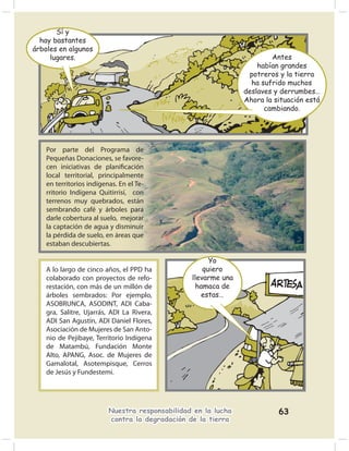 Sí y
  hay bastantes
árboles en algunos
     lugares.                                                           Antes
                                                                    habían grandes
                                                                 potreros y la tierra
                                                                  ha sufrido muchos
                                                                deslaves y derrumbes…
                                                                Ahora la situación está
                                                                      cambiando.




    Por parte del Programa de
    Pequeñas Donaciones, se favore-
    cen iniciativas de planiﬁcación
    local territorial, principalmente
    en territorios indígenas. En el Te-
    rritorio Indígena Quitirrisí, con
    terrenos muy quebrados, están
    sembrando café y árboles para
    darle cobertura al suelo, mejorar
    la captación de agua y disminuir
    la pérdida de suelo, en áreas que
    estaban descubiertas.

                                                       Yo
    A lo largo de cinco años, el PPD ha              quiero
    colaborado con proyectos de refo-            llevarme una
    restación, con más de un millón de             hamaca de
    árboles sembrados: Por ejemplo,                 estas…
    ASOBRUNCA, ASODINT, ADI Caba-
    gra, Salitre, Ujarrás, ADI La Rivera,
    ADI San Agustín, ADI Daniel Flores,
    Asociación de Mujeres de San Anto-
    nio de Pejibaye, Territorio Indígena
    de Matambú, Fundación Monte
    Alto, APANG, Asoc. de Mujeres de
    Gamalotal, Asotempisque, Cerros
    de Jesús y Fundestemi.




                          Nuestra responsabilidad en la lucha             63
                          contra la degradación de la tierra
 