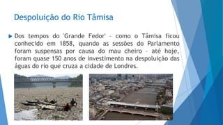 Despoluição do Rio Tâmisa
 Dos tempos do 'Grande Fedor' – como o Tâmisa ficou
conhecido em 1858, quando as sessões do Parlamento
foram suspensas por causa do mau cheiro – até hoje,
foram quase 150 anos de investimento na despoluição das
águas do rio que cruza a cidade de Londres.
 