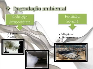 Poluição
Atmosférica
Poluição
Sonora
 Fumos
 Gases
 Máquinas
 Sinais sonoros
 