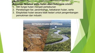 Ancaman terbesar pada hutan alam Indonesia adalah:
1. Alih fungsi hutan menjadi perkebunan
2. Penebangan liar, perambahan, kebakaran hutan, serta
3. Eksploitasi hutan secara tidak lestari untuk pengembangan
pemukiman dan industri.
 