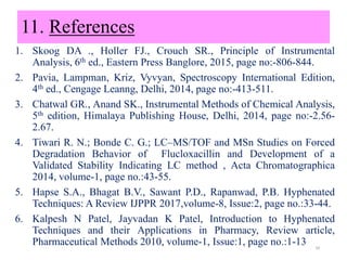 11. References
1. Skoog DA ., Holler FJ., Crouch SR., Principle of Instrumental
Analysis, 6th ed., Eastern Press Banglore, 2015, page no:-806-844.
2. Pavia, Lampman, Kriz, Vyvyan, Spectroscopy International Edition,
4th ed., Cengage Leanng, Delhi, 2014, page no:-413-511.
3. Chatwal GR., Anand SK., Instrumental Methods of Chemical Analysis,
5th edition, Himalaya Publishing House, Delhi, 2014, page no:-2.56-
2.67.
4. Tiwari R. N.; Bonde C. G.; LC–MS/TOF and MSn Studies on Forced
Degradation Behavior of Flucloxacillin and Development of a
Validated Stability Indicating LC method , Acta Chromatographica
2014, volume-1, page no.:43-55.
5. Hapse S.A., Bhagat B.V., Sawant P.D., Rapanwad, P.B. Hyphenated
Techniques: A Review IJPPR 2017,volume-8, Issue:2, page no.:33-44.
6. Kalpesh N Patel, Jayvadan K Patel, Introduction to Hyphenated
Techniques and their Applications in Pharmacy, Review article,
Pharmaceutical Methods 2010, volume-1, Issue:1, page no.:1-13 39
 