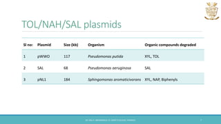 TOL/NAH/SAL plasmids
Sl no: Plasmid Size (kb) Organism Organic compounds degraded
1 pWWO 117 Pseudomonas putida XYL, TOL
2 SAL 68 Pseudomonas aeruginosa SAL
3 pNL1 184 Sphingomonas aromaticivorans XYL, NAP, Biphenyls
DR. ANU P. ABHIMANNUE, ST. MARY'S COLLEGE, THRISSUR. 7
 