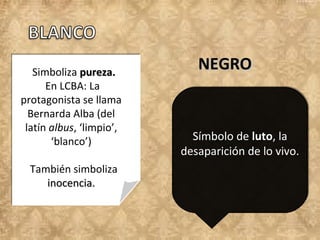 Simboliza pureza.
En LCBA: La
protagonista se llama
Bernarda Alba (del
latín albus, ‘limpio’,
‘blanco’)
También simboliza
inocencia.

NEGRO

luto
Símbolo de luto, la
desaparición de lo vivo.

 