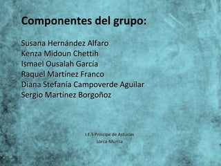 Componentes del grupo:
Susana Hernández Alfaro
Kenza Midoun Chettih
Ismael Ousalah García
Raquel Martínez Franco
Diana Stefanía Campoverde Aguilar
Sergio Martínez Borgoñoz

I.E.S Príncipe de Asturias
Lorca-Murcia

 
