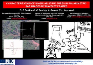 CHARACTERIZATION OF SINGULAR STRUCTURES IN POLARIMETRIC SAR IMAGES BY WAVELET FRAMES G. F. De Grandi, P. Bunting, A. Bouvet, T. L. Ainsworth European Commission DG Joint Research Centre 21027, Ispra (VA), Italy e-mail: frank.de-grandi@jrc.it Naval Research Laboratory Washington, DC 20375-5351, USA email: ainsworth@nrl.navy.mil.jrc.it Institute of Geography and Earth Sciences Aberystwyth University, Aberystwyth, UK, SY23 3DB. e-mail: pfb@aber.ac.uk 