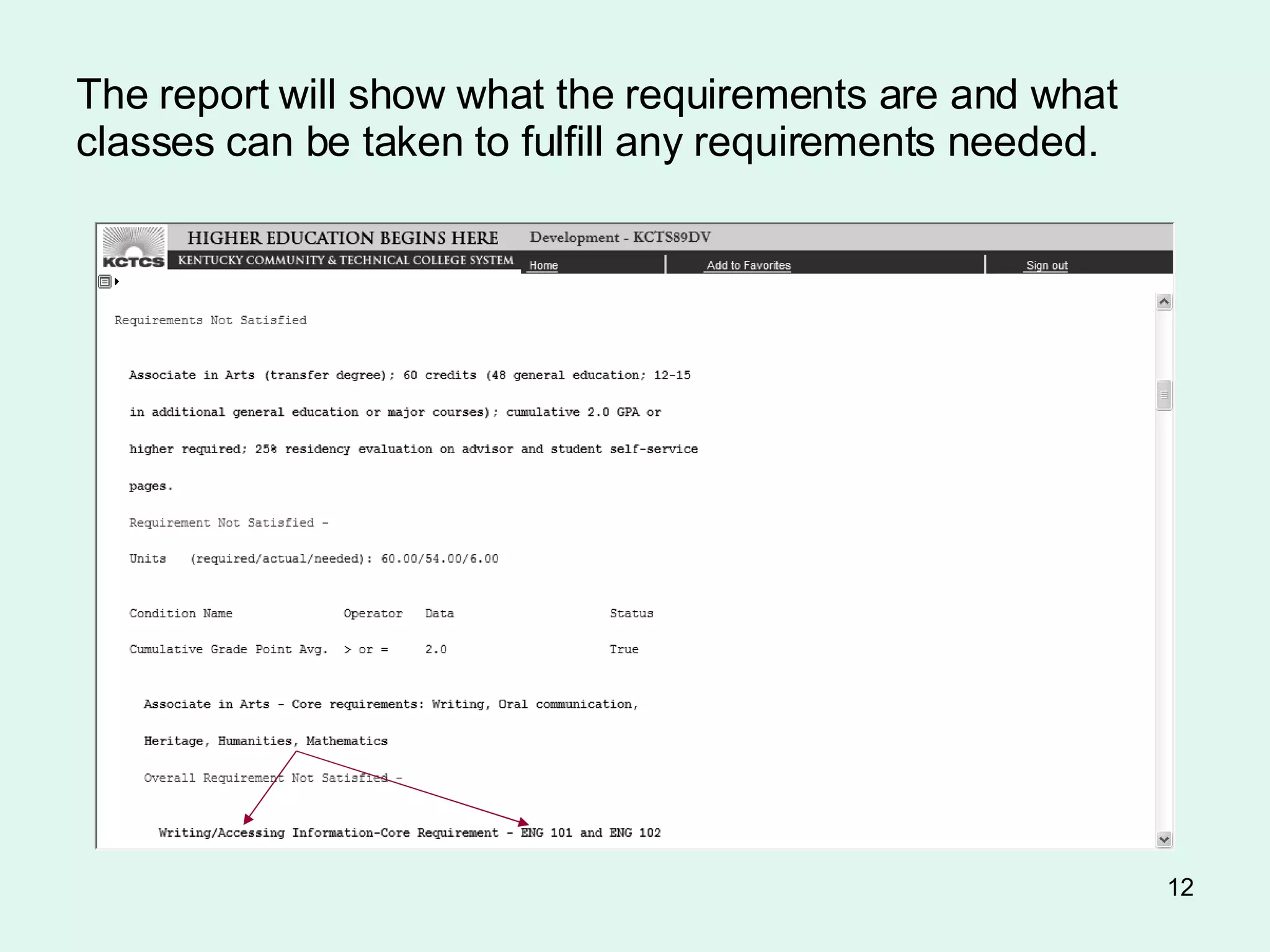The report will show what the requirements are and what classes can be taken to fulfill any requirements needed. 
