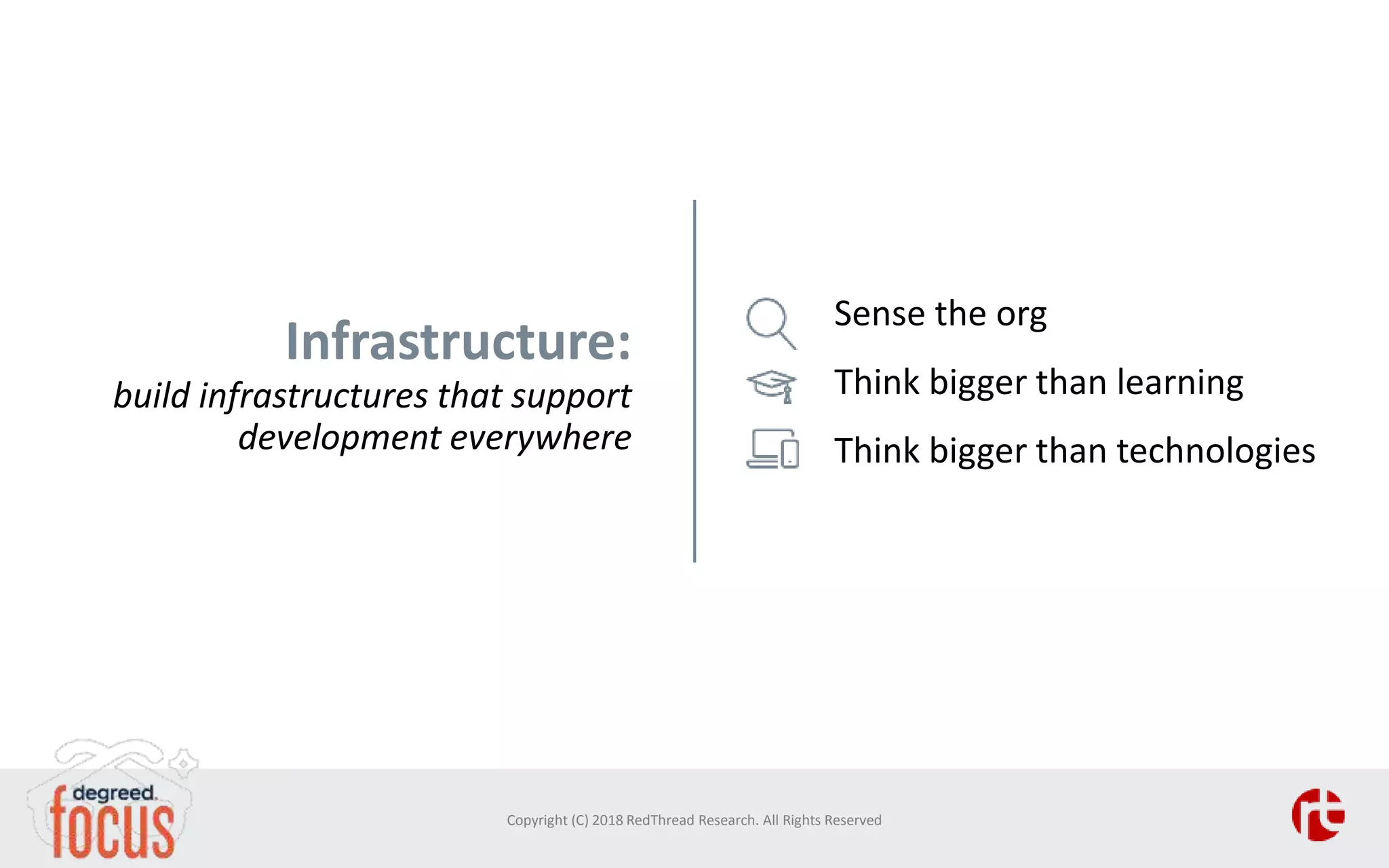Infrastructure:
build infrastructures that support
development everywhere
Sense the org
Think bigger than learning
Think bigger than technologies
Copyright (C) 2018 RedThread Research. All Rights Reserved
 