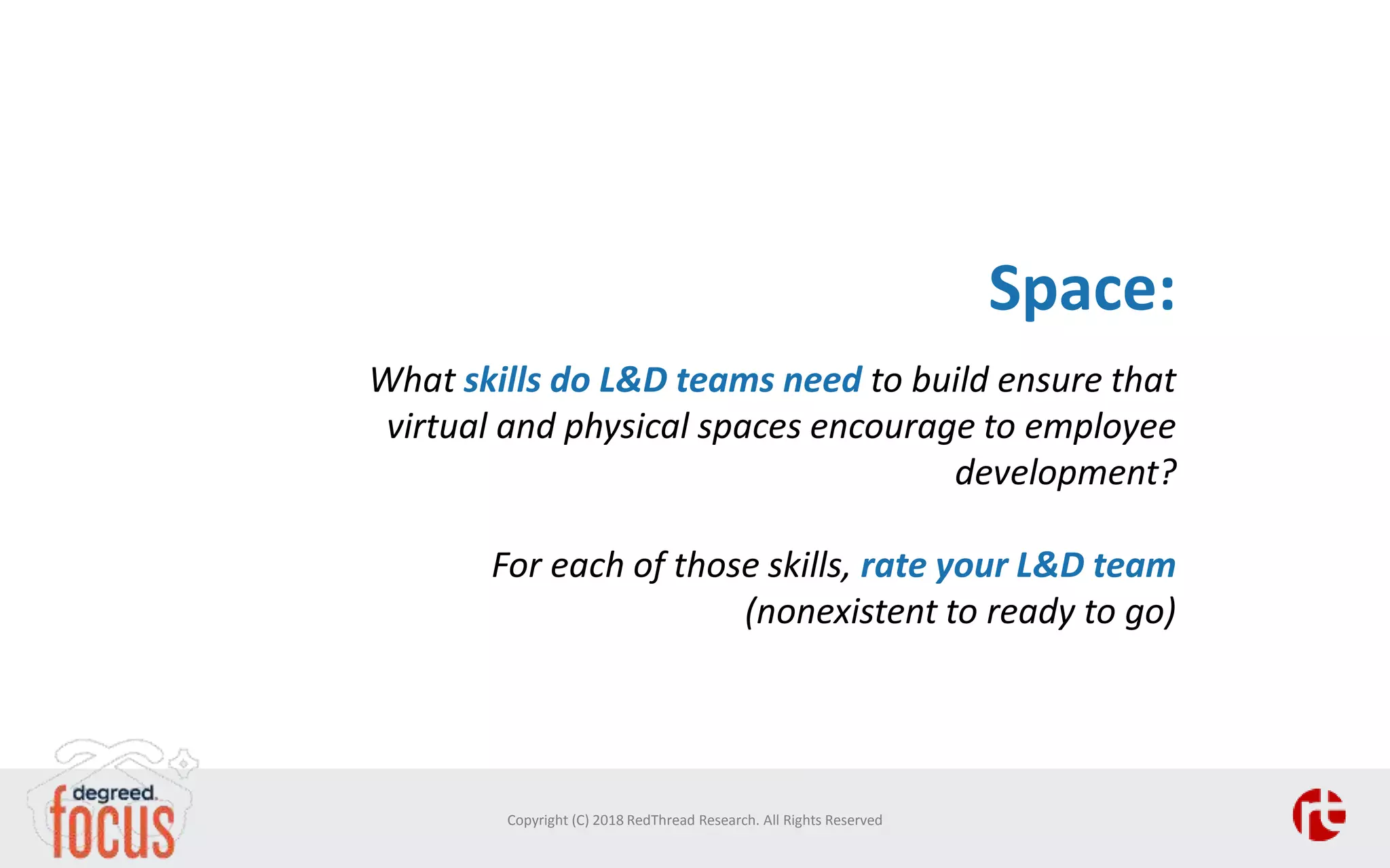 Space:
What skills do L&D teams need to build ensure that
virtual and physical spaces encourage to employee
development?
For each of those skills, rate your L&D team
(nonexistent to ready to go)
Copyright (C) 2018 RedThread Research. All Rights Reserved
 