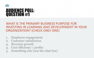 AUDIENCE POLL:
QUESTION #1
WHAT IS THE PRIMARY BUSINESS PURPOSE FOR
INVESTING IN LEARNING AND DEVELOPMENT IN YOUR
ORGANIZA...