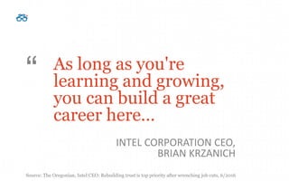 INTEL CORPORATION CEO,
BRIAN KRZANICH
As long as you're
learning and growing,
you can build a great
career here…
“
Source:...