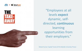 +
THE
TAKE-
AWAY
“Employees at all
levels expect
dynamic, self-
directed, continuous
learning
opportunities from
their emp...