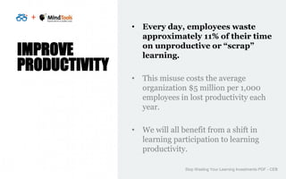 +
IMPROVE
PRODUCTIVITY
• Every day, employees waste
approximately 11% of their time
on unproductive or “scrap”
learning.
•...