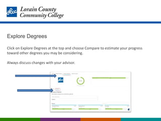 Explore Degrees
Click on Explore Degrees at the top and choose Compare to estimate your progress
toward other degrees you may be considering.
Always discuss changes with your advisor.
 