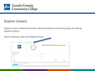 Explore Careers
Explore career-related information like job outlook and starting salary by clicking
Explore Careers.
Search national, state and regional levels.
 