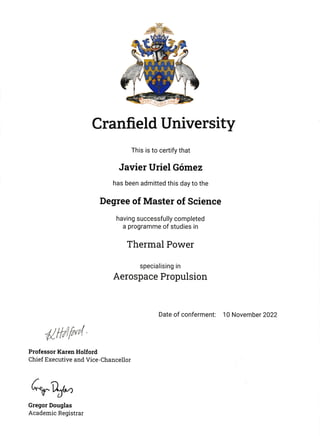 Degree of Master of Science in Thermal Power