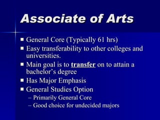 Associate of Arts General Core (Typically 61 hrs) Easy transferability to other colleges and universities. Main goal is to  transfer  on to attain a bachelor’s degree Has Major Emphasis General Studies Option Primarily General Core Good choice for undecided majors 