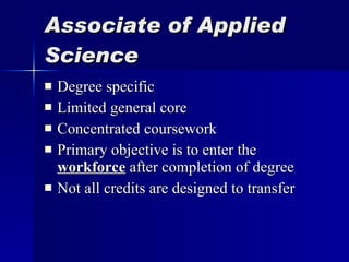 Associate of Applied Science Degree specific Limited general core Concentrated coursework Primary objective is to enter the  workforce  after completion of degree Not all credits are designed to transfer 