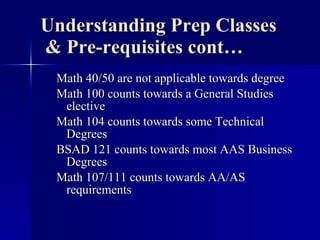 Understanding Prep Classes  & Pre-requisites cont… Math 40/50 are not applicable towards degree Math 100 counts towards a General Studies elective Math 104 counts towards some Technical Degrees BSAD 121 counts towards most AAS Business Degrees Math 107/111 counts towards AA/AS requirements 