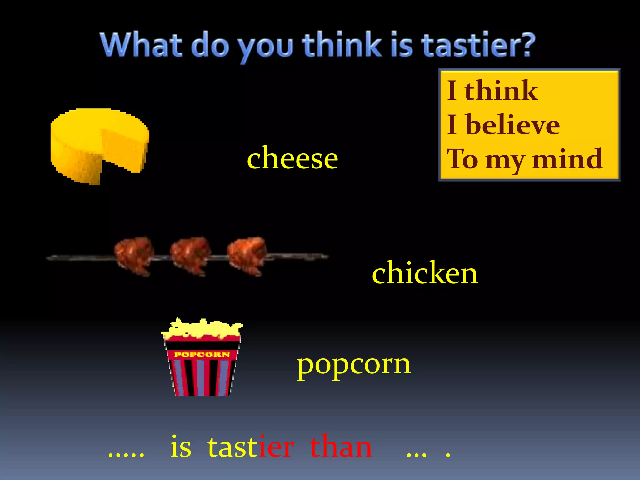 I think
                      I believe
         cheese       To my mind



                  chicken

            popcorn

….. is tastier than … .
 