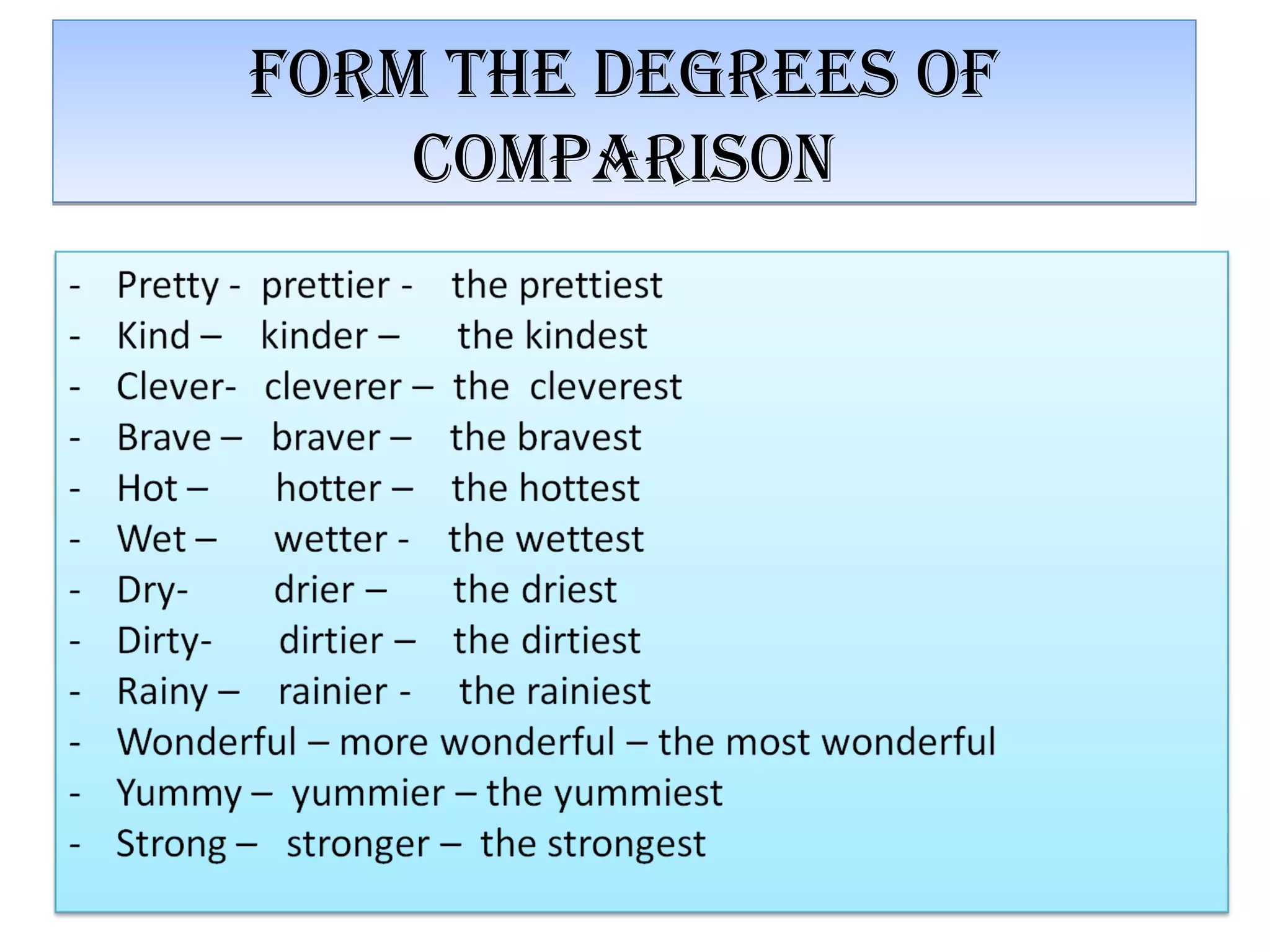 FORM THE DEgREES OF
COMpARISON
FORM THE DEgREES OF
COMpARISON