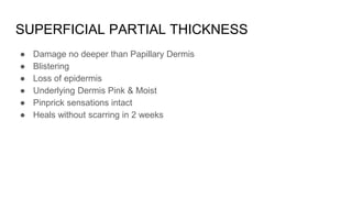 SUPERFICIAL PARTIAL THICKNESS
● Damage no deeper than Papillary Dermis
● Blistering
● Loss of epidermis
● Underlying Dermis Pink & Moist
● Pinprick sensations intact
● Heals without scarring in 2 weeks
 