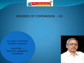 For class VI AP State
Syllabus Students.
CHAPTER – I
PEACE & HARMONY.
GRAMMAR
DEGREES OF COMPARISON - 02
 