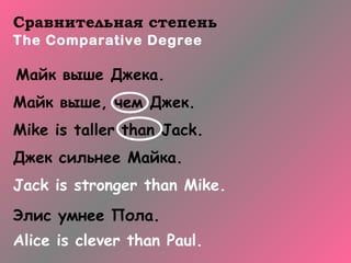 Сравнительная степень
The Comparative Degree

Майк выше Джека.
Майк выше, чем Джек.
Mike is taller than Jack.
Джек сильнее Майка.
Jack is stronger than Mike.
Элис умнее Пола.
Alice is clever than Paul.
 