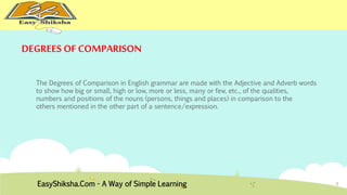 1 
DEGREES OF COMPARISON 
The Degrees of Comparison in English grammar are made with the Adjective and Adverb words 
to show how big or small, high or low, more or less, many or few, etc., of the qualities, 
numbers and positions of the nouns (persons, things and places) in comparison to the 
others mentioned in the other part of a sentence/expression. 
EasyShiksha.Com - A Way of Simple Learning 
 