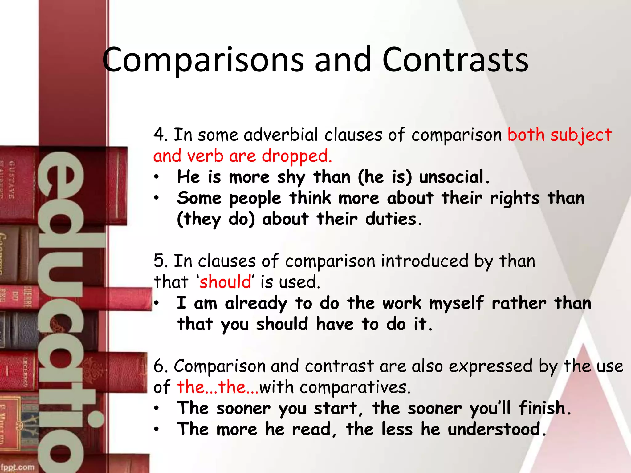 Comparisons and Contrasts
4. In some adverbial clauses of comparison both subject
and verb are dropped.
• He is more shy than (he is) unsocial.
• Some people think more about their rights than
(they do) about their duties.
5. In clauses of comparison introduced by than
that ‘should’ is used.
• I am already to do the work myself rather than
that you should have to do it.
6. Comparison and contrast are also expressed by the use
of the...the...with comparatives.
• The sooner you start, the sooner you’ll finish.
• The more he read, the less he understood.
 