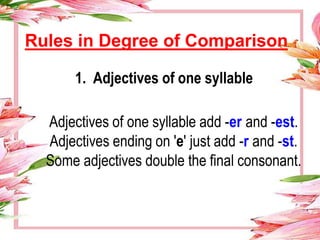 Rules in Degree of Comparison
1. Adjectives of one syllable
Adjectives of one syllable add -er and -est.
Adjectives ending on 'e' just add -r and -st.
Some adjectives double the final consonant.
 