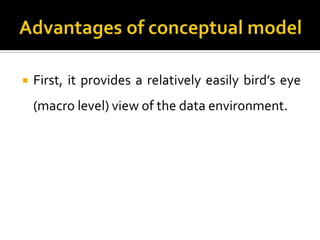    First, it provides a relatively easily bird’s eye
    (macro level) view of the data environment.
 
