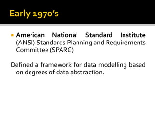    American National Standard Institute
    (ANSI) Standards Planning and Requirements
    Committee (SPARC)

Defined a framework for data modelling based
 on degrees of data abstraction.
 