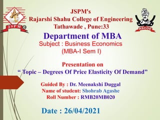 JSPM’s
Rajarshi Shahu College of Engineering
Tathawade , Pune:33
Presentation on
“ Topic – Degrees Of Price Elasticity Of Demand”
Department of MBA
Date : 26/04/2021
Guided By : Dr. Meenakshi Duggal
Name of student: Shohrab Agashe
Roll Number : RMB20MB020
Subject : Business Economics
(MBA-I Sem I)
 