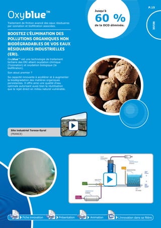 P.15
Traitement de finition avancé des eaux résiduaires
par ozonation et biofiltration associées.
BOOSTEZ L’ÉLIMINATION DES
POLLUTIONS ORGANIQUES NON
BIODÉGRADABLES DE VOS EAUX
RÉSIDUAIRES INDUSTRIELLES
(ERI).
Oxyblue™ est une technologie de traitement
tertiaire des ERI alliant oxydation chimique
(l’ozonation) et oxydation biologique (la
biofiltration).
Son atout premier ?
Sa capacité innovante à accélérer et à augmenter
la biodégradation des matières organiques
persistantes. Il offre ainsi une qualité d’eau
optimale autorisant aussi bien la réutilisation
que le rejet direct en milieu naturel vulnérable.
Oxyblue™
REUSE
Fiche innovationPDF 3D
Flash
PDF PrésentationPDF 3D
Flash
PDF Animation
PDF 3D
Flash
PDF PDF 3D
Flash
PDF
L’innovation dans sa filière
60 %
Jusqu’à
de la DCO éliminée.
Site industriel Tereos-Syral
(FRANCE)
 