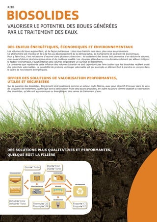 P.22
BIOSOLIDES
VALORISER LE POTENTIEL DES BOUES GÉNÉRÉES
PAR LE TRAITEMENT DES EAUX.
DES ENJEUX ÉNERGÉTIQUES, ÉCONOMIQUES ET ENVIRONNEMENTAUX
Les volumes de boue augmentent, et de façon mécanique : plus nous traitons nos eaux, plus nous en produisons.
Ce phénomène est mondial et lié à la fois au développement de la démographie, de l’urbanisme et de l’activité économique.
Pour y faire face, il est nécessaire d’œuvrer dans plusieurs directions : le traitement des boues doit permettre d’en réduire le volume,
mais aussi d’obtenir des boues plus sûres et de meilleure qualité. Les réponses attendues en ces domaines doivent par ailleurs intégrer
le facteur économique, l’augmentation des volumes engendrant un surcoût de traitement.
La contrainte que représente cette inflation des volumes à traiter ne doit cependant pas faire oublier que les biosolides recèlent aussi
des potentiels valorisables. La possibilité de produire un biogaz valorisable est par exemple un élément fort à prendre en compte dans
le cadre de nos besoins énergétiques.
OFFRIR DES SOLUTIONS DE VALORISATION PERFORMANTES,
UTILES ET SÉCURISÉES
Sur la question des biosolides, Degrémont s’est positionné comme un acteur multi-filières, avec pour objectif d’innover dans le sens
de la qualité de traitement, quelle que soit la destination finale des boues produites, en ayant toujours comme objectif la valorisation
des biosolides, qu’elle soit agronomique ou énergétique, des usines de traitement d’eau.
DES SOLUTIONS PLUS QUALITATIVES ET PERFORMANTES,
QUELQUE SOIT LA FILIèRE
Evaporis™
LE
Evaporis™
LT
Thermylis™
2R
Thermylis™
2S
Dehydris™
Lime
Dehydris™
Twist
Digelis™
Fast
Digelis™
Turbo
Drainis™
Turbo
BIOSOLIDES
VALORISATION
INCINÉRATION
SÉCHAGE
COMPOSTAGE
DÉSHYDRATATION
FLOTTATION
GRAVITAIRE
ÉPAISSISSEMENT DIGESTION
 