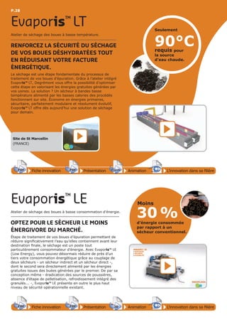 P.28P.28
Fiche innovationPDF 3D
Flash
PDF PrésentationPDF 3D
Flash
PDF AnimationPDF 3D
Flash
PDF
PDF 3D
Flash
PDF
L’innovation dans sa filière
Atelier de séchage des boues à basse température.
RENFORCEZ LA SÉCURITÉ DU SÉCHAGE
DE VOS BOUES DÉSHYDRATÉES TOUT
EN RÉDUISANT VOTRE FACTURE
ÉNERGÉTIQUE.
Le séchage est une étape fondamentale du processus de
traitement de vos boues d’épuration. Grâce à l’atelier intégré
Evaporis™ LT, Degrémont vous offre la possibilité d’optimiser
cette étape en valorisant les énergies gratuites générées par
vos usines. La solution ? Un sécheur à bandes basse
température alimenté par les basses calories des procédés
fonctionnant sur site. Économe en énergies primaires,
sécuritaire, parfaitement modulaire et résolument évolutif,
Evaporis™ LT offre dès aujourd’hui une solution de séchage
pour demain.
Evaporis™
LT
Atelier de séchage des boues à basse consommation d’énergie.
OPTEZ POUR LE SÉCHEUR LE MOINS
ÉNERGIVORE DU MARCHÉ.
Étape de traitement de vos boues d’épuration permettant de
réduire significativement l’eau qu’elles contiennent avant leur
destination finale, le séchage est un poste tout
particulièrement consommateur d’énergie. Avec Evaporis™ LE
(Low Energy), vous pouvez désormais réduire de près d’un
tiers votre consommation énergétique grâce au couplage de
deux sécheurs - un sécheur indirect et un sécheur direct -,
dont le second sera directement alimenté par les énergies
gratuites issues des buées générées par le premier. De par sa
conception même - éradication des sources de poussières,
absence d’étape de pelletisation, refroidissement intégré des
granulés... -, Evaporis™ LE présente en outre le plus haut
niveau de sécurité opérationnelle existant.
Evaporis™
LE
30 %d’énergie consommée
par rapport à un
sécheur conventionnel.
Moins
Site de St Marcellin
(FRANCE)
Fiche innovationPDF 3D
Flash
PDF PrésentationPDF 3D
Flash
PDF Animation
PDF 3D
Flash
PDF
PDF 3D
Flash
PDF
L’innovation dans sa filière
90°C
Seulement
requis pour
la source
d’eau chaude.
 