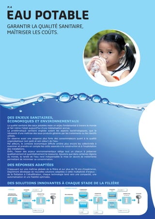 P.4
EAU POTABLE
GARANTIR LA QUALITÉ SANITAIRE,
MAÎTRISER LES COÛTS.
DES ENJEUX SANITAIRES,
ÉCONOMIQUES ET ENVIRONNEMENTAUX
La qualité sanitaire des eaux potables reste un enjeu fondamental à travers le monde
et fait même l’objet aujourd’hui d’une médiatisation accrue.
La problématique sanitaire englobe autant les aspects bactériologiques, que la
nécessité d’une maîtrise des sous-produits générés par les traitements ou les réactifs
utilisés.
On observe aussi une exigence plus forte des consommateurs quant à la qualité
organoleptique (son goût et son odeur) de l’eau.
Par ailleurs, le contexte économique difficile amène plus encore les collectivités à
examiner et prendre en compte les coûts associés à la construction et à l’exploitation
des installations.
Enfin, l’essor des enjeux environnementaux oblige tout un chacun à préserver
qualitativement et quantitativement la ressource. Ajoutons que dans certaines régions
du monde, la rareté de l’eau rend indispensable la mise en œuvre de traitements
permettant de minimiser sa consommation.
DES RÉPONSES ADAPTÉES
S’appuyant sur une maîtrise globale de la filière et sur plus de 70 ans d’expérience,
Degrémont développe de nouvelles solutions adaptées à cette multiplicité d’enjeux :
de la flottation à l’ultrafiltration, chaque technologie tend vers une compacité, une
automatisation et une fiabilité optimales.
DES SOLUTIONS INNOVANTES À CHAQUE STADE DE LA FILIèRE
EAU POTABLE
> FORAGE
DÉFERRISATION -
DÉMANGANISATION
FILTRATION
ULTRAFILTRATION
DÉSINFECTION STOCKAGE
SABLE
CHLORATION
FILTRATION
> RIVIÈRE/FLEUVE
CLARIFICATION
DÉCANTATION SABLE
Regulazur™
III
Regulazur™
III
Ultrazur™
Smartrack™
EAU POTABLE
> FORAGE
DÉFERRISATION -
DÉMANGANISATION
FILTRATION
ULTRAFILTRATION
DÉSINFECTION STOCKAGE
SABLE
CHLORATION
FILTRATION
> RIVIÈRE/FLEUVE
DÉSINFECTION
CHLORATION
STOCKAGE
CLARIFICATION
DÉCANTATION
FLOTTATION
ADSORPTION
CHARBON ACTIF
SABLE
ULTRAFILTRATION
PRE-OZONATION
Regulazur™
III
Aquadaf™
Regulazur™
III
Ultrazur™
Smartrack™
Pulsazur™
Ultrazur™
Smartrack™
 