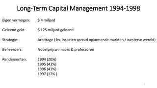 Long-Term Capital Management 1994-1998
Eigen vermogen: $ 4 miljard
Geleend geld: $ 125 miljard geleend
Strategie: Arbitrage ( bv. inspelen spread opkomende markten / westerse wereld)
Beheerders: Nobelprijswinnaars & professoren
Rendementen: 1994 (20%)
1995 (43%)
1996 (41%)
1997 (17% )
3
 