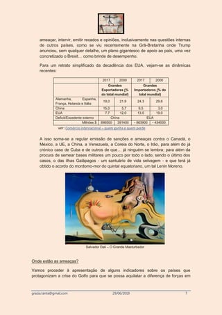 grazia.tanta@gmail.com 29/06/2019 7
ameaçar, intervir, emitir recados e opiniões, inclusivamente nas questões internas
de outros países, como se viu recentemente na Grã-Bretanha onde Trump
anunciou, sem qualquer detalhe, um plano gigantesco de apoio ao país, uma vez
concretizado o Brexit… como brinde de desempenho.
Para um retrato simplificado da decadência dos EUA, vejam-se as dinâmicas
recentes:
2017 2000 2017 2000
Grandes
Exportadores (%
do total mundial)
Grandes
Importadores (% do
total mundial)
Alemanha, Espanha,
França, Holanda e Itália
19,0 21.9 24.3 29.6
China 15,0 5.7 9.5 3.0
EUA 7.7 12,0 13.0 19.0
Deficit/Excedente externo China EUA
Milhões $ 896500 391400 - 863900 - 434000
ver: Comércio internacional – quem ganha e quem perde
A isso soma-se a regular emissão de sanções e ameaças contra o Canadá, o
México, a UE, a China, a Venezuela, a Coreia do Norte, o Irão, para além do já
crónico caso de Cuba e de outros de que… já ninguém se lembra; para além da
procura de semear bases militares um pouco por todo o lado, sendo o último dos
casos, o das ilhas Galápagos - um santuário de vida selvagem - e que terá já
obtido o acordo do mordomo-mor do quintal equatoriano, um tal Lenin Moreno.
Salvador Dali – O Grande Masturbador
Onde estão as ameaças?
Vamos proceder à apresentação de alguns indicadores sobre os países que
protagonizam a crise do Golfo para que se possa aquilatar a diferença de forças em
 