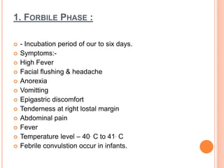 1. FORBILE PHASE :
 - Incubation period of our to six days.
 Symptoms:-
 High Fever
 Facial flushing & headache
 Anorexia
 Vomitting
 Epigastric discomfort
 Tenderness at right lostal margin
 Abdominal pain
 Fever
 Temperature level – 40. C to 41. C
 Febrile convulstion occur in infants.
 