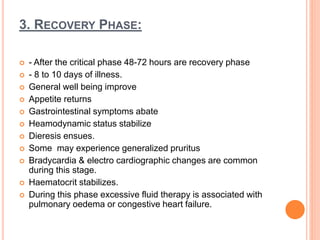 3. RECOVERY PHASE:
 - After the critical phase 48-72 hours are recovery phase
 - 8 to 10 days of illness.
 General well being improve
 Appetite returns
 Gastrointestinal symptoms abate
 Heamodynamic status stabilize
 Dieresis ensues.
 Some may experience generalized pruritus
 Bradycardia & electro cardiographic changes are common
during this stage.
 Haematocrit stabilizes.
 During this phase excessive fluid therapy is associated with
pulmonary oedema or congestive heart failure.
 