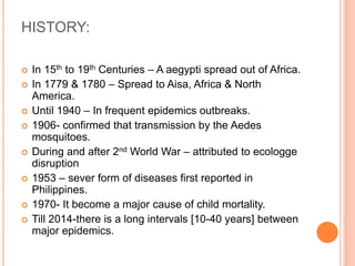 HISTORY:
 In 15th to 19th Centuries – A aegypti spread out of Africa.
 In 1779 & 1780 – Spread to Aisa, Africa & North
America.
 Until 1940 – In frequent epidemics outbreaks.
 1906- confirmed that transmission by the Aedes
mosquitoes.
 During and after 2nd World War – attributed to ecologge
disruption
 1953 – sever form of diseases first reported in
Philippines.
 1970- It become a major cause of child mortality.
 Till 2014-there is a long intervals [10-40 years] between
major epidemics.
 
