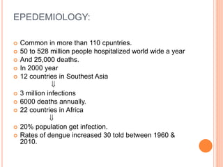EPEDEMIOLOGY:
 Common in more than 110 cpuntries.
 50 to 528 million people hospitalized world wide a year
 And 25,000 deaths.
 In 2000 year
 12 countries in Southest Asia

 3 million infections
 6000 deaths annually.
 22 countries in Africa

 20% population get infection.
 Rates of dengue increased 30 told between 1960 &
2010.
 