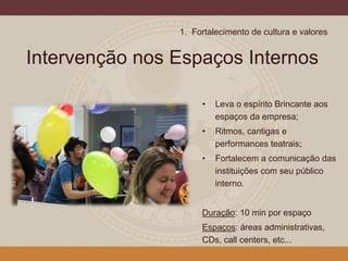 Intervenção nos Espaços Internos
• Leva o espírito Brincante aos
espaços da empresa;
• Ritmos, cantigas e
performances teatrais;
• Fortalecem a comunicação das
instituições com seu público
interno.
Duração: 10 min por espaço
Espaços: áreas administrativas,
CDs, call centers, etc...
7
1. Fortalecimento de cultura e valores
 
