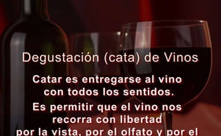 Degustación (cata) de Vinos Catar es entregarse al vino con todos los sentidos. Es permitir que el vino nos recorra con libertadpor la vista, por el olfato y por el gusto. 