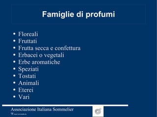 Famiglie di profumi <ul><li>Floreali </li></ul><ul><li>Fruttati </li></ul><ul><li>Frutta secca e confettura </li></ul><ul>...