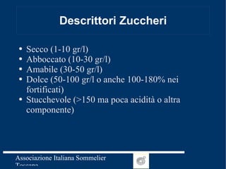 Descrittori Zuccheri <ul><li>Secco (1-10 gr/l) </li></ul><ul><li>Abboccato (10-30 gr/l) </li></ul><ul><li>Amabile (30-50 g...