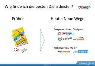 Wie finde ich die besten Dienstleister?

    Früher                       Heute: Neue Wege

                                     Programmierer, Designer




                                     Handwerker, Maler




8                     © 2010 twago
                                                         www.twago.de
 